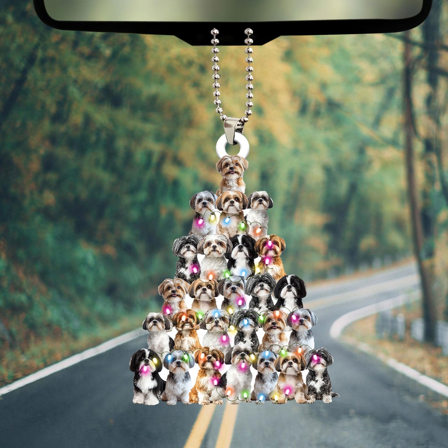 Talataca Lovely Shih Tzu Christmas Pine Tree Shape with String Light 2D Flat Car Rear View Mirror Accessories Christmas Tree Ornament Decoration Hanging Charm Interior Rearview Pendant Decor Gift