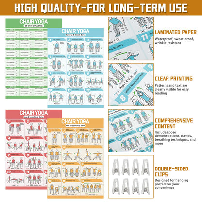 Chair Yoga Poster Set for Seniors & Beginners-3 Illustrated Guides,1 28-Day Challenges, 8 Double-Sided Clips &1 Dry-Erase Marker, 36 Poses Wall Chart Includes Postures, Instructions & Breathing Tips
