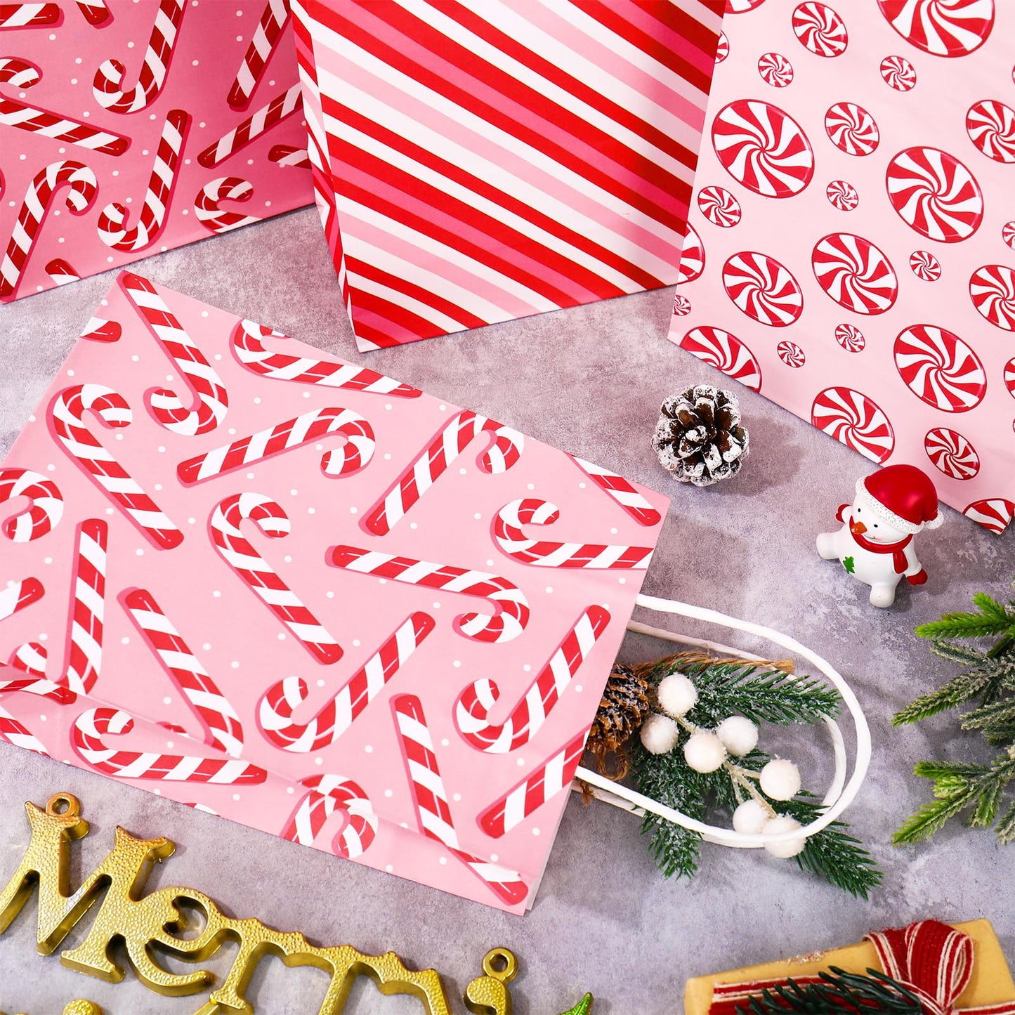 JarThenaAMCS 18Pcs Christmas Paper Gift Bags with Handles Red Xmas Candy Cane Stripe Goodie Treat Bag Snack Favor Bags for Winter Xmas Party Supplies