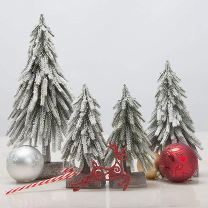 VGIA 4pcs Mini Christmas Tree Small Separate Spray Snow Christmas Tree with Wooden Bases for Tabletop Winter Village Holiday Decorations
