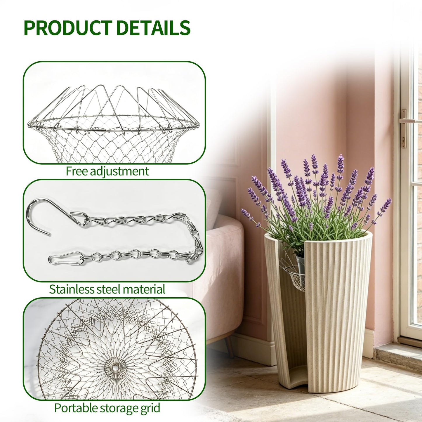 2Pcs Adjustable Planter Insert for Pots Any Height,12-18" Plant Risers for Inside Pots,Heavy Duty Rustproof Stainless Steel Plant Pot With Chains, Chain Pot Fillers for Tall Planters to Reduce Soil