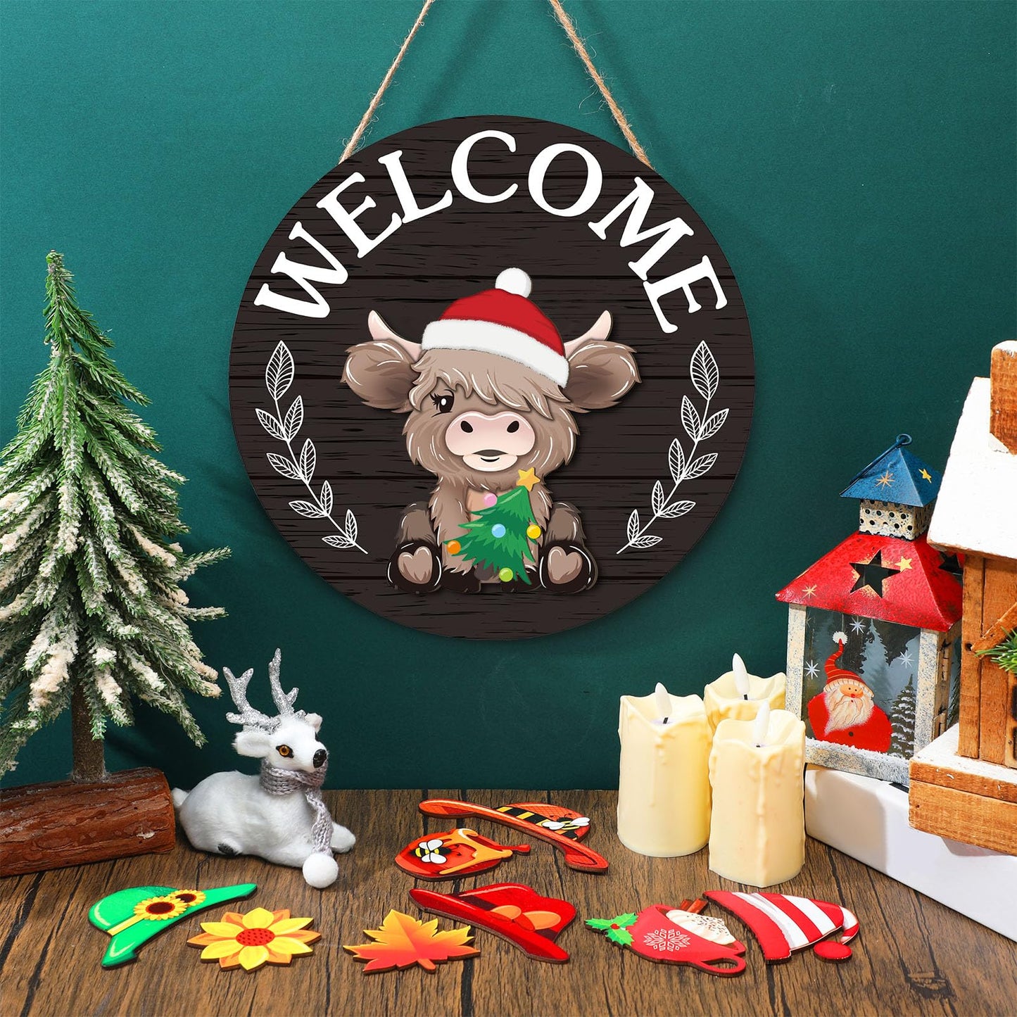 Vicenpal 35 Pcs Patriotic Interchangeable Highland Cow Welcome Sign Highland Cow Seasonal Wooden Hanging Door Decor 4th of July Farmhouse Hanging Sign for Graduation Party Decor