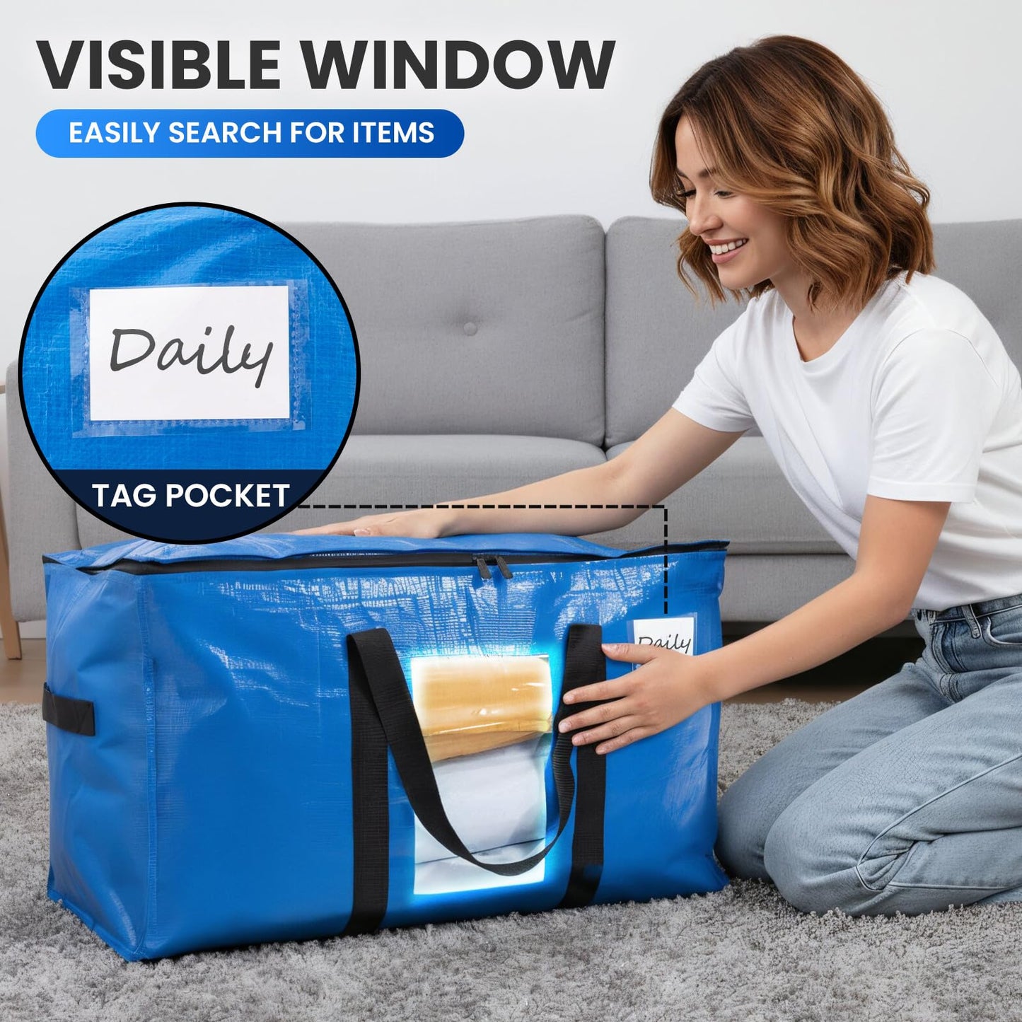 TAILI Extra Large Moving Bags, 2 Pack Blue Heavy Duty Totes For Storage with Visible Window, Wrap Around Handles, Storage Bags for Space Saving, Alternative to Moving Boxes
