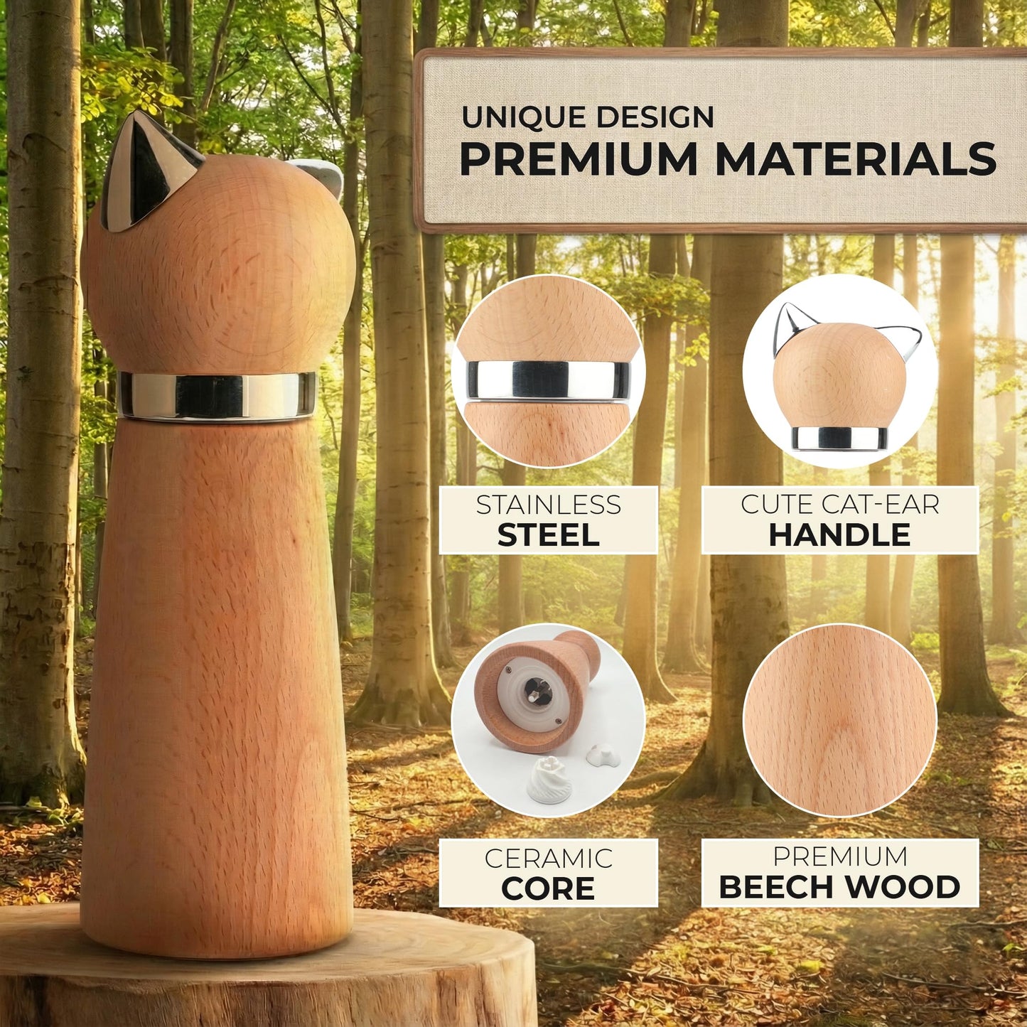 Ryevalley Wood Cat Pepper Grinder - Manual Wooden Salt Mill with Adjustable Coarseness - Unique Minimalist Kitchen Decor & Aesthetic Cat Themed Gifts for Cat Lovers, Natural Beechwood