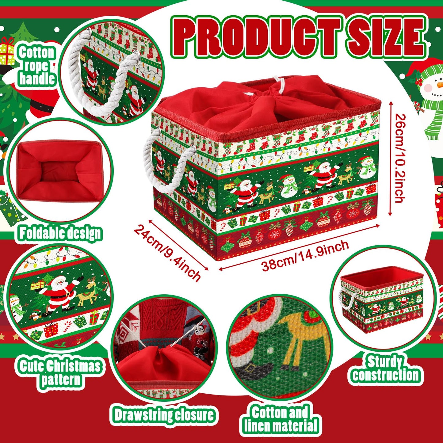 Acellegic 4 Pcs Large Christmas Storage Basket 15 x 10 x 9.5 Inch Foldable Christmas Storage Bins with Handles & Drawstring Lid Xmas Bins Cotton Laundry Organizer for Holiday Bedroom Home(Classic)