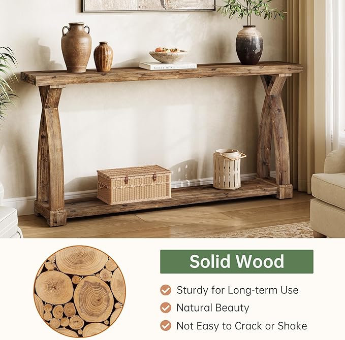 Solid Wood Console Table for Entryway, 63-Inch Narrow Farmhouse Couch Table
