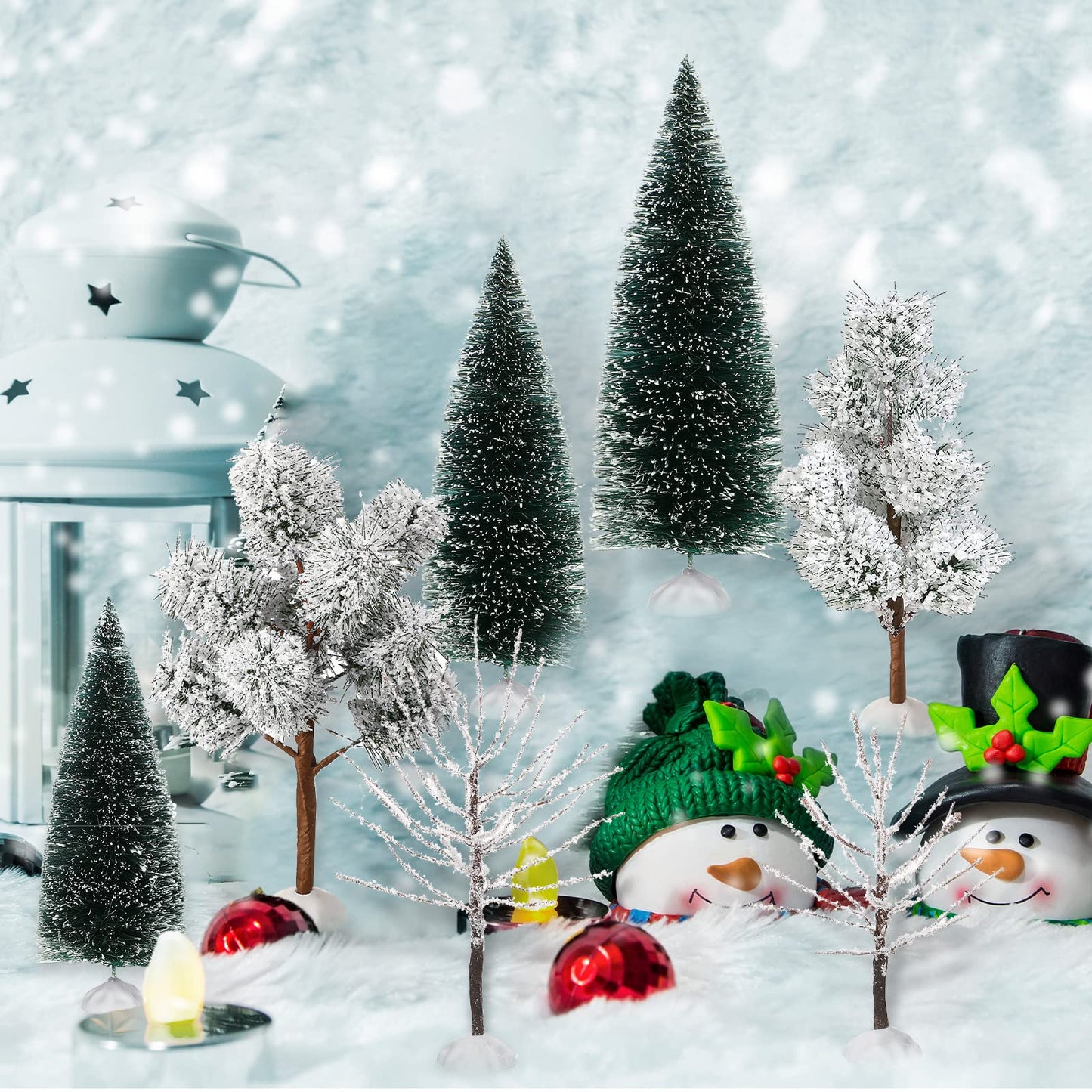 12 Pieces Christmas Village Trees Tabletop Mini Snow Model Frost Bottle Brush Trees Halloween Winter Tabletop Displays Miniature Village Christmas Decor Accessory Figurine(Vivid Style)