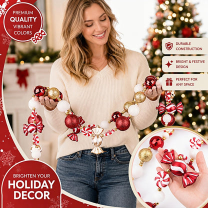 Candy Garland Christmas Decorations 9FT, Red White Gold Candy Bead Garland for Christmas Tree, Mantle, Party, and Holiday Decor