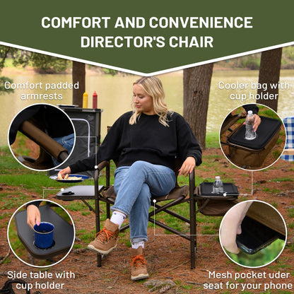TIMBER RIDGE Folding Camping Chair with Cooler Bag, Director Chair Foldable with Side Table for Adults, Camp Chairs for Outdoor, Lawn, Sports, Fishing, Heavy Duty Supports 300lbs, Earth Brown