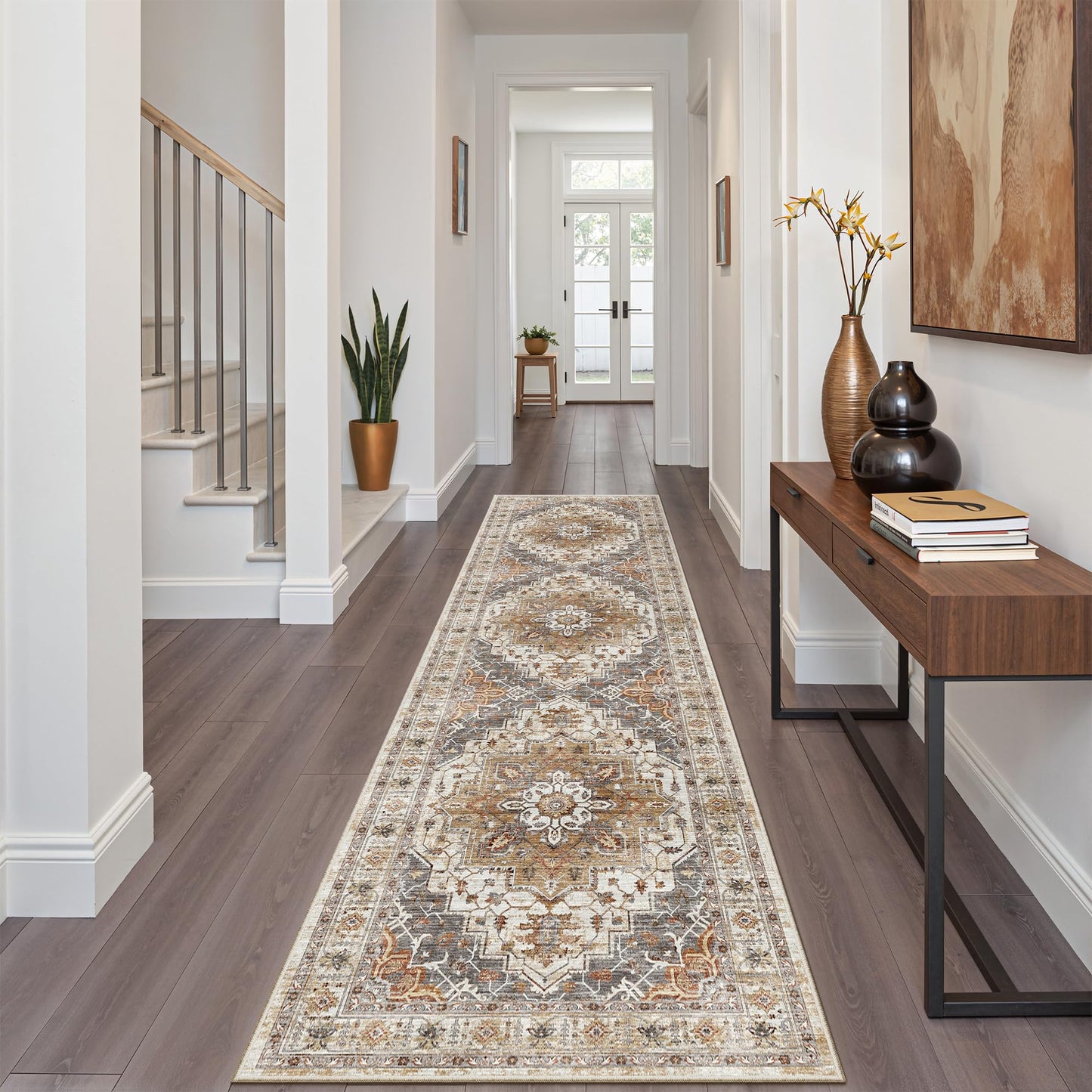 Madane Runner Rug 2x8, Washable Hallway Runner Rugs, Non-Slip Low-Pile Soft Kitchen Rug Runner Laundry Room Rug, Vintage Throw Entry Foyer Mat for Entrance Living Room (Turmeric/Grey, 2 x 8)