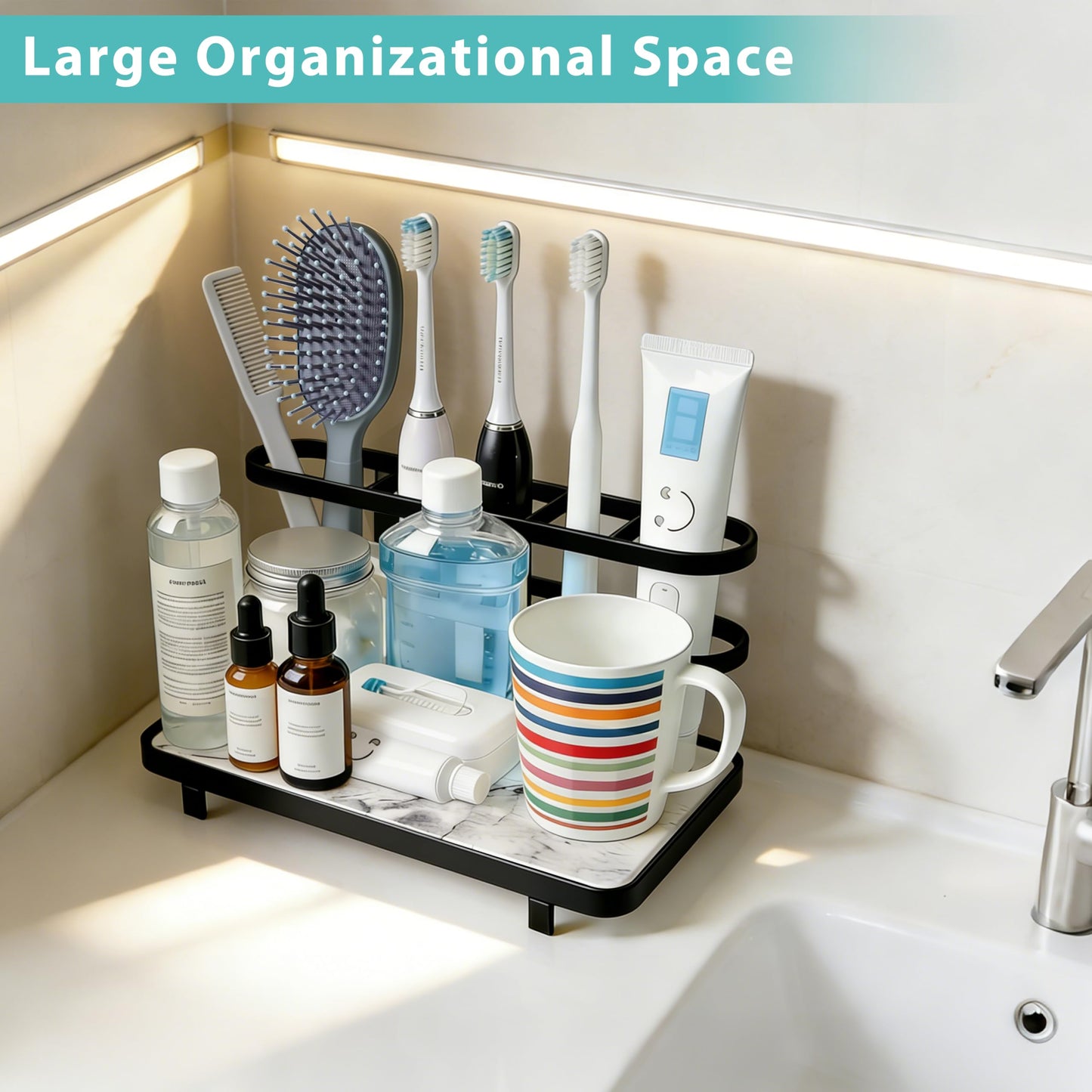 Diatomite Toothbrush Holder for Bathroom, Quick Dry Diatomaceous Earth Base, 5 Slot Electric Toothbrush Organizer for Countertop, Toothpaste Holder Bathroom Counter Organizer, Black