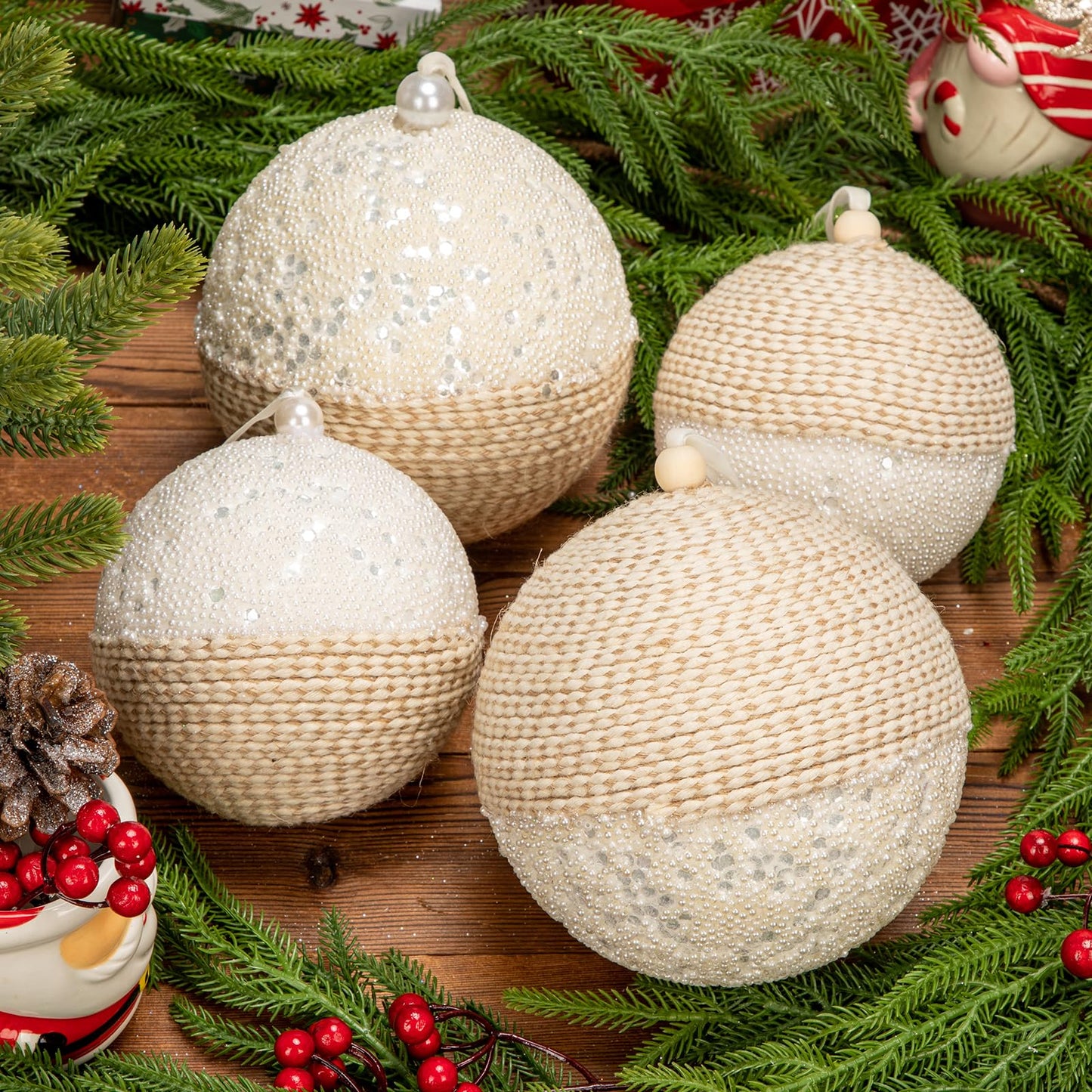 Briful 4.72'' Christmas Ball Ornaments Xmas Trees Decorations, 4PCS Small White Pearl and Textured Weaving Extra-Large Christmas Hanging Balls for Xmas Garland Wreath Mantle Decor