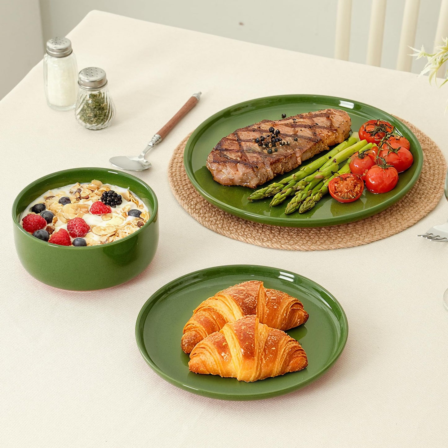 Ruxmirae Stoneware Cereal and Soup Bowls Set of 4, 6-Inch Dual Glaze Ceramic Bowls for Breakfast & Oatmeal, Microwave and Dishwasher Safe, Forest Glaze Green