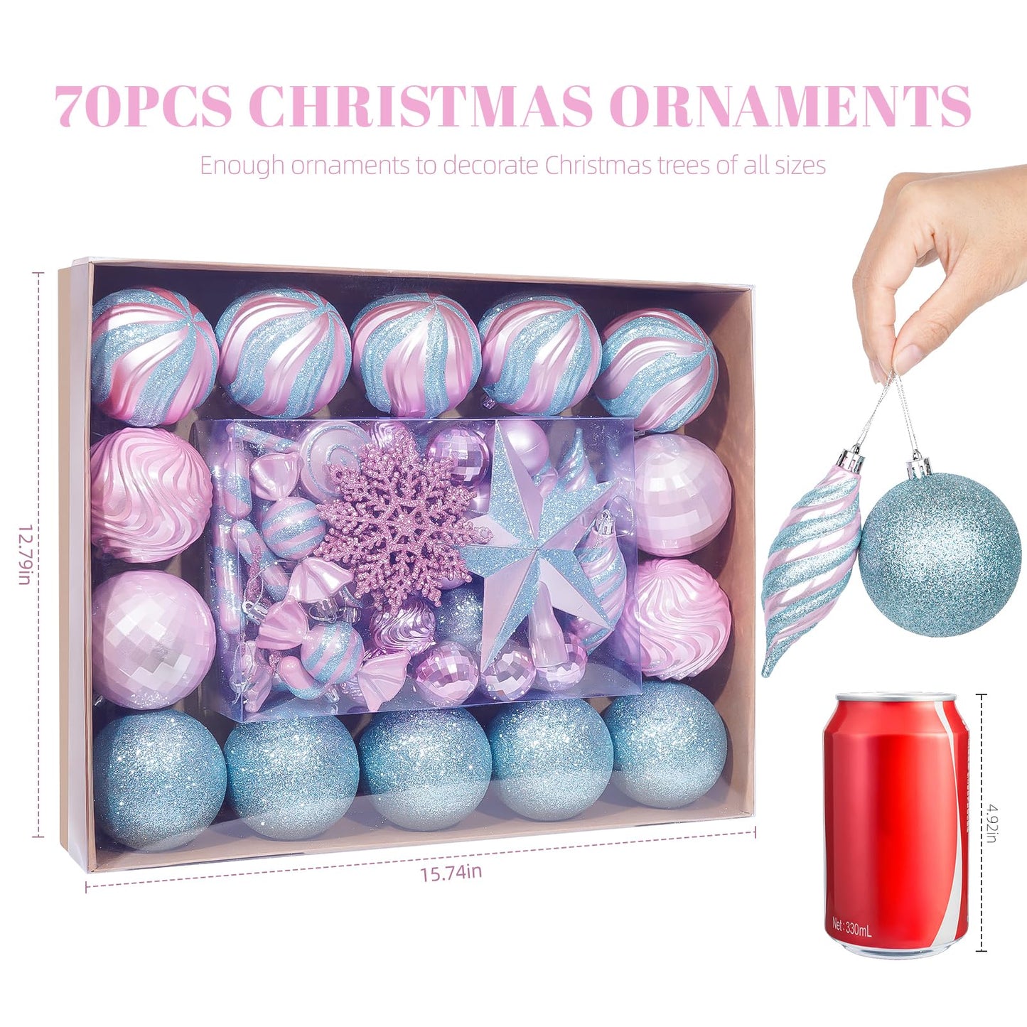 70PCS Christmas Balls Ornaments Set, Shatterproof Xmas Tree Decorations Kit with Balls, Snowflakes, Candy Canes, Star Topper, Reindeer & Hanging Baubles for Holiday Party Decor (Silver & Pink)
