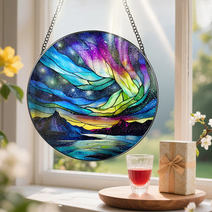 Stained Glass Window Hanging - 8 Inch Aurora Borealis Suncatcher for Window Doors Home Decoration, Valentine's Day Mother's Day Christmas Birthday Gifts for Women, Men, and Mom Grandma