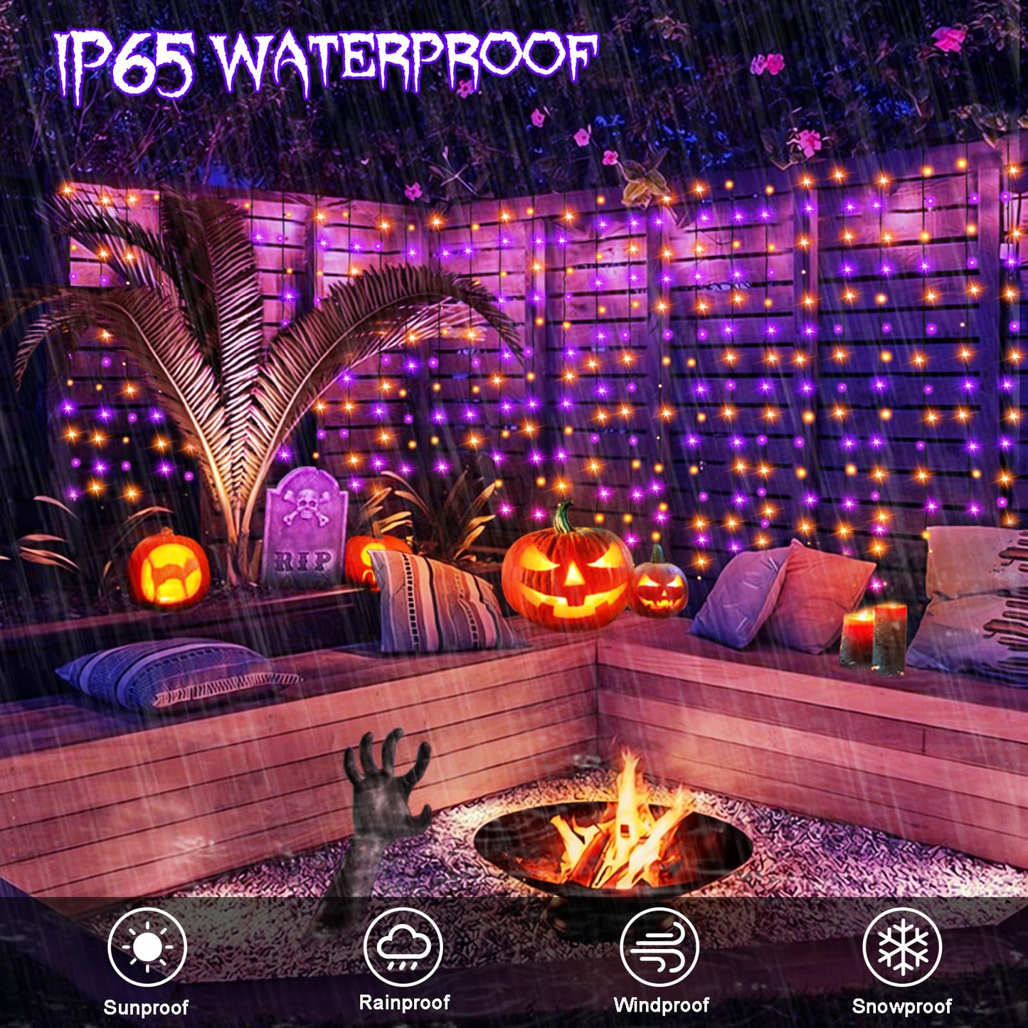 DealBeta Battery Curtain Lights Halloween Purple Orange with Remote 9.8×9.8ft