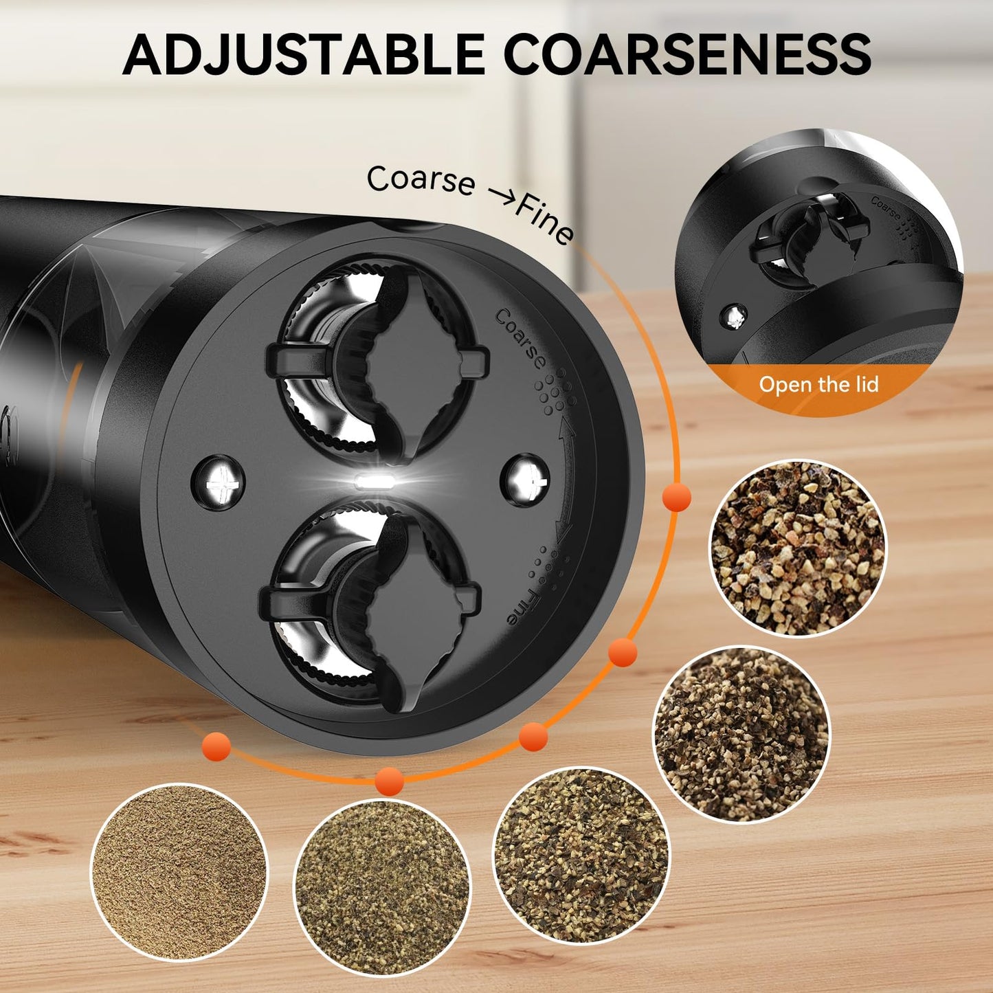 Electric Salt and Pepper Grinder Set 2 in 1, USB Rechargeable, Automatic Salt and Pepper Mill Shakers with LED Light, Battery Display, Adjustable Coarseness, Ideal for Kitchen Outdoor BBQ Gift