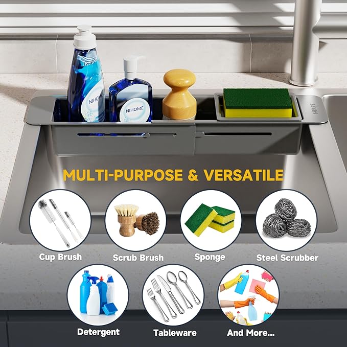 NiHome Extendable Over Sink Kitchen Organizer, Small Telescopic Brush Storage