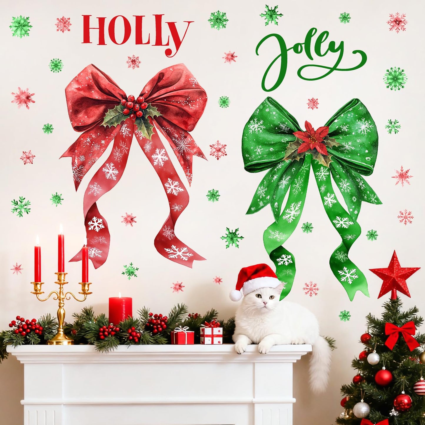 Large Christmas Wall Stickers Green Red Bow Decoration Decals Peel and Stick Xmas Bow Stickers Home Indoor Decor for Living Room O Holy Snowflakes Vinyl Art Murals for New Year Holiday Party Supplies