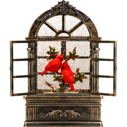 Gorrzai Cardinal Snow Globe Lantern Christmas Snow Globes Arched Window Shape Christmas Decorations Indoor for Home Timer Christmas Music Box, USB and Battery Powered