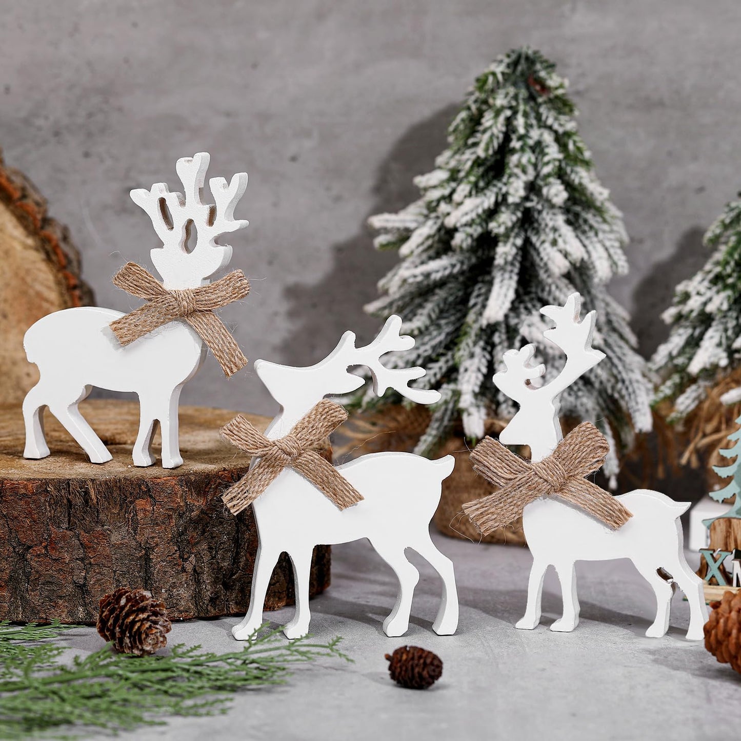 Redbaker 3 Pcs Reindeer Christmas Decorations Indoor Wooden Reindeer Cutouts Christmas Tiered Tray Decor White Rustic Block Sign for Xmas Winter Centerpieces Home Office Table Shelf Desk Mantel Decor