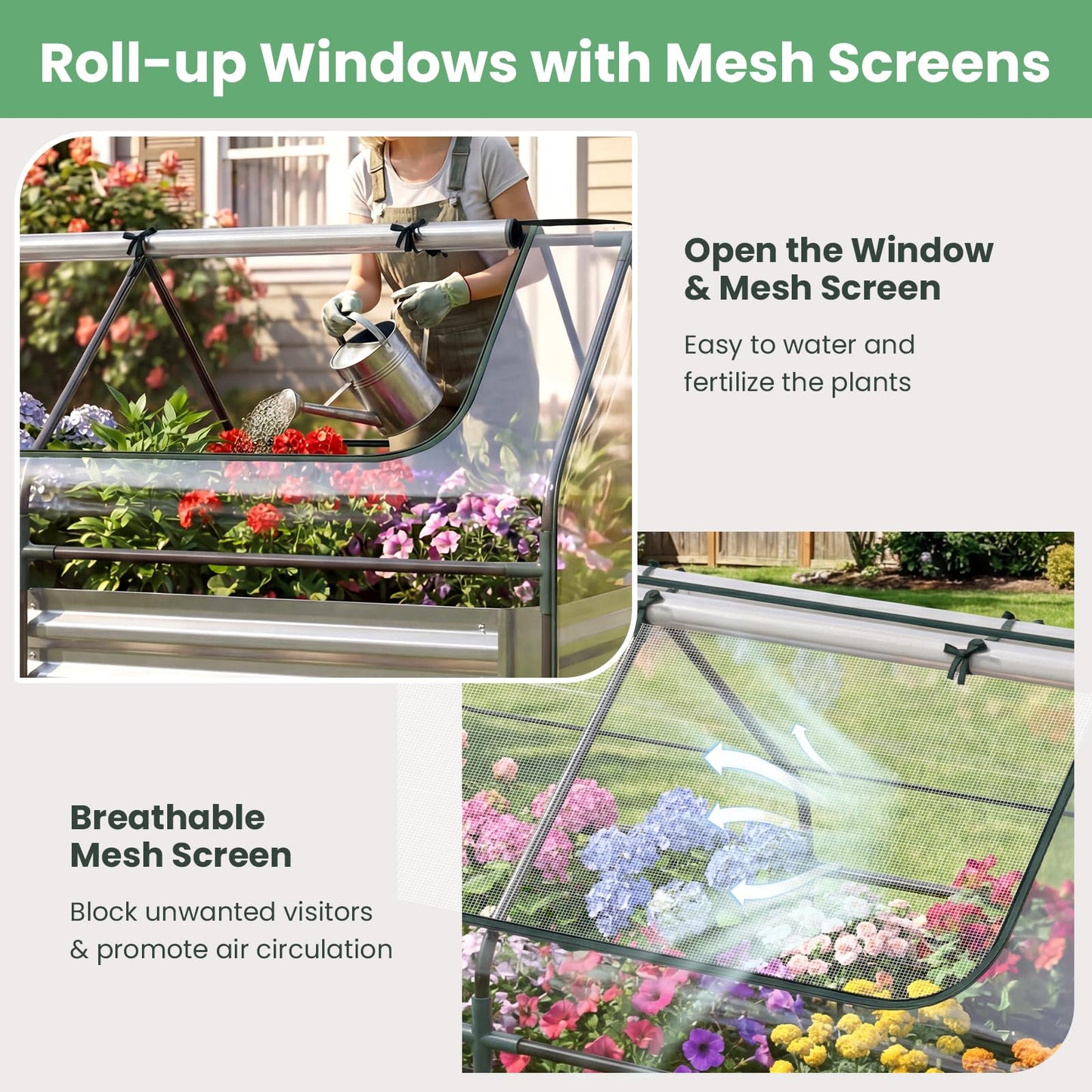 MAT EXPERT Raised Garden Bed with Cover, Mini Greenhouse Metal Planter Box w/PVC Cover, Roll-Up Windows & Mesh Screens, Outdoor Planter Box Kit for Vegetables, Flowers, Herbs (Silver, 72” x 36” x 48”)