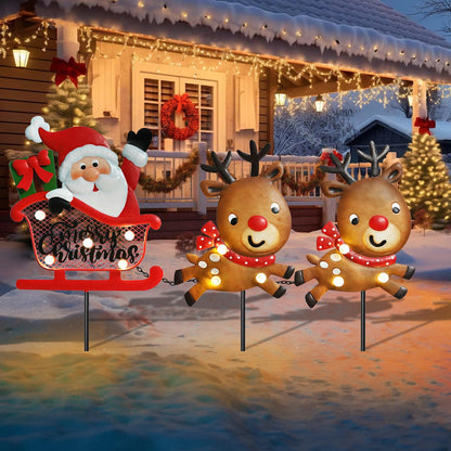 WONDER GARDEN Christmas Metal Yard Stakes, Lighted 3 Pack Christmas Garden Stakes Yard Signs, Outdoor Decorations with Santa Sleigh and Reindeer for Lawn Party Outside