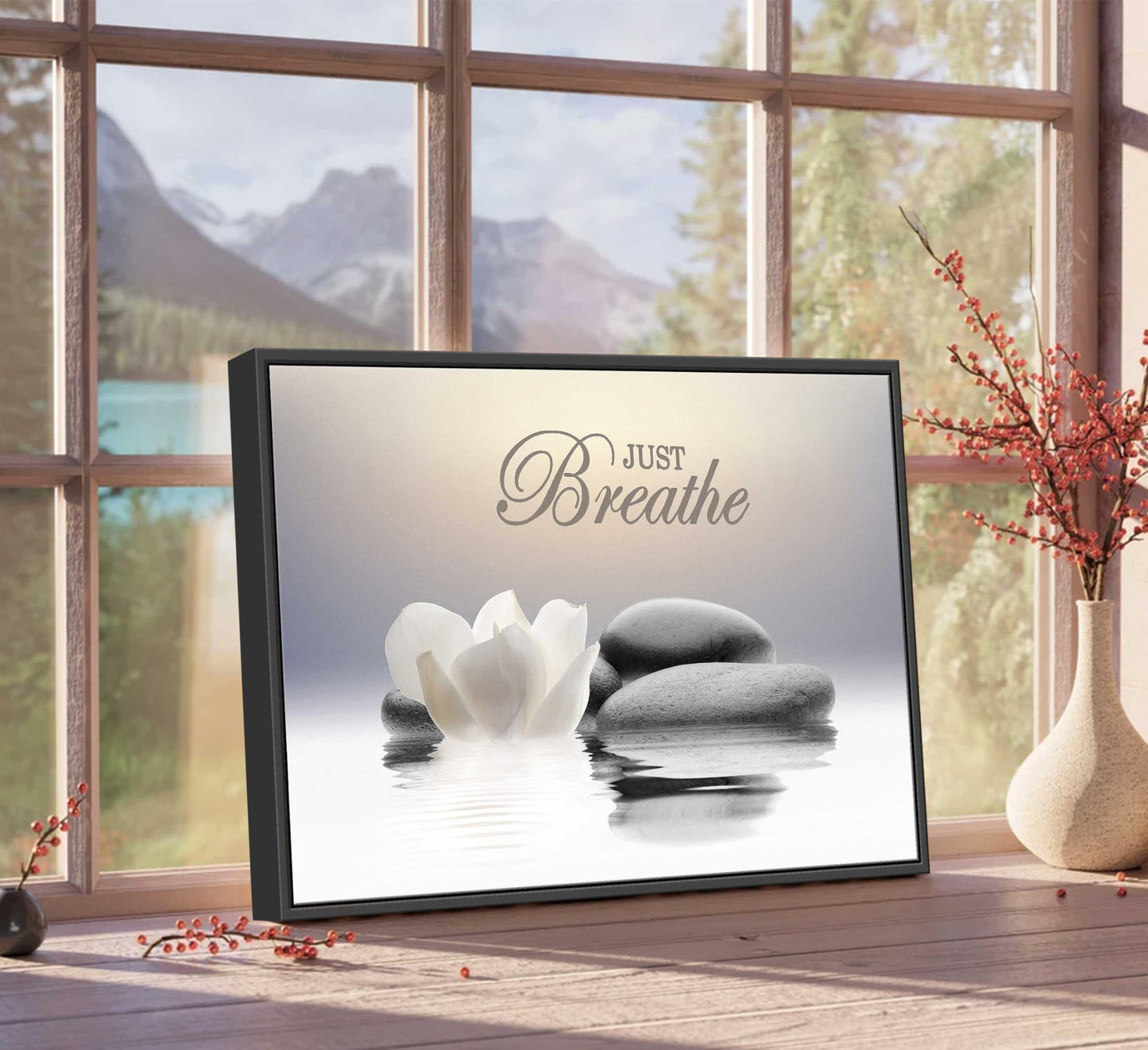 Framed Zen Stone Flower Wall Art White Lotus Just Breathe Yoga Quotes Picture Wall Decor Water Lily Stone Poster Print Artwork for Bathroom Yoga Room Spa Room Meditation Room Office Home Decoration