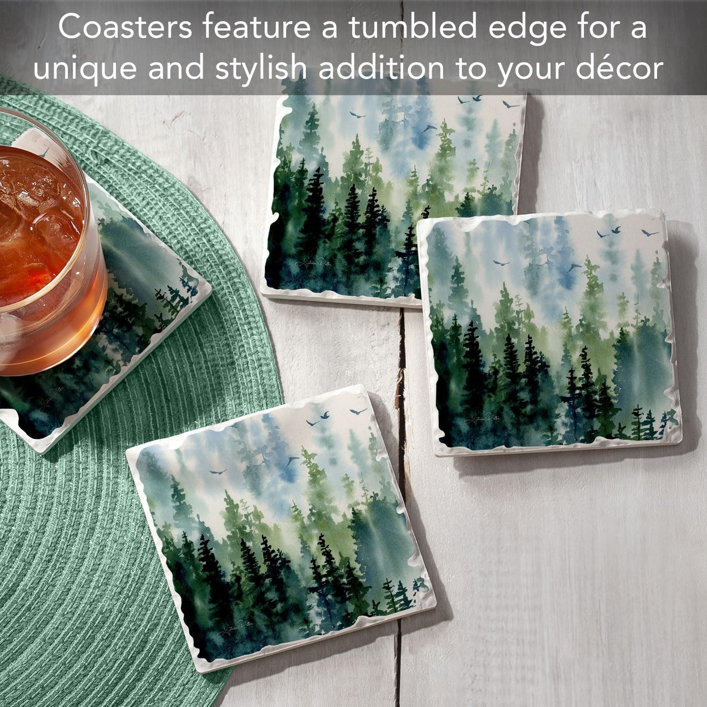 Thirstystone Tree Line 4 Pack Assorted Tumbled Tile Stone Coasters with Protective Cork Backing 4" Square Manufactured in The USA