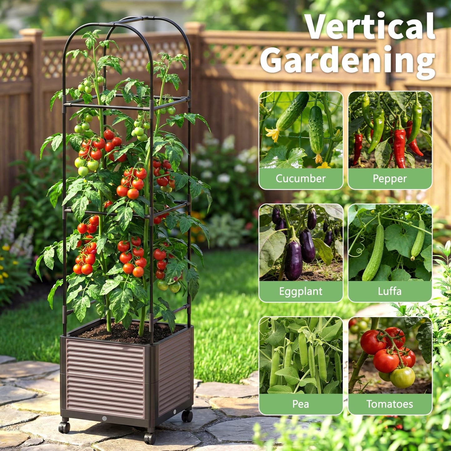 DoCred 60" H Raised Garden Bed Planter Box with Wheels, 2 Pack Tomato Cage Planter Raised Garden Bed with Trellis for Climbing Vegetables Plants Tomato Cage, Indoor Outdoor Use