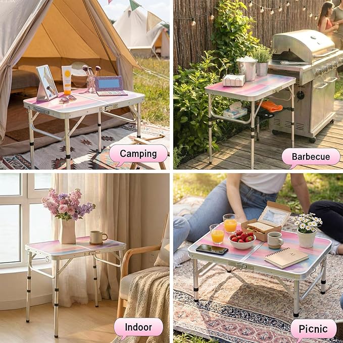 Yriuat Folding Camping Table 2ft Portable Picnic Table Adjustable Height Small
