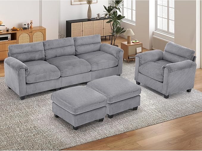 HAOMARKETS Corduroy 4-Piece Sofa Set, Upholstered Ottoman Set of 2, Accent