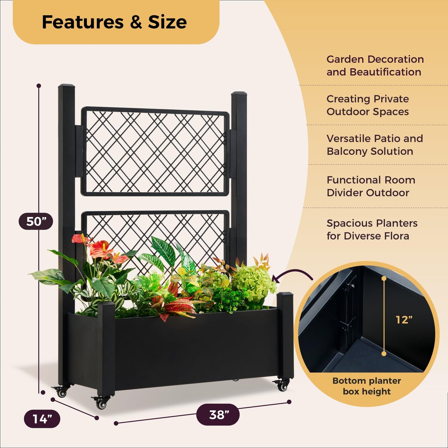 Foresland Metal Raised Garden Bed with Trellis, 50Hx38Wx14D Inch Compact Planter Box for Climbing Plants, Patio Balcony Garden, Privacy Screen with Wheels and Drainage Holes, Black