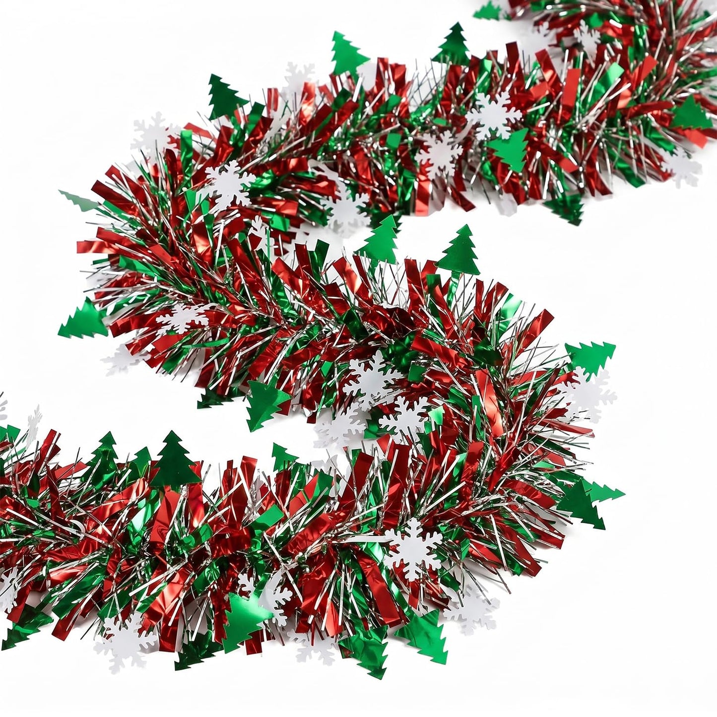50 Feet Green Red Christmas Metallic Tinsel Twist Hanging Garland with Snowflake Xmas Tree for Home Mantle Xmas Tree Staircase Railing New Year Holiday Party Indoor Outdoor Decorations