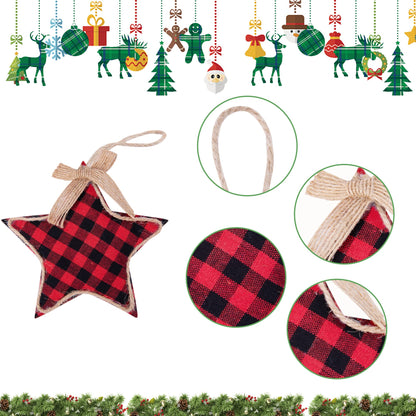 Watayo 12 PCS Christmas Plaid Hanging Ornaments-Black & Red Buffalo Check Plaid Burlap Hanging Ornaments-Tree Ball Bell Stocking Shaped Hanging Decor for Home Xmas Party Decorations Gift