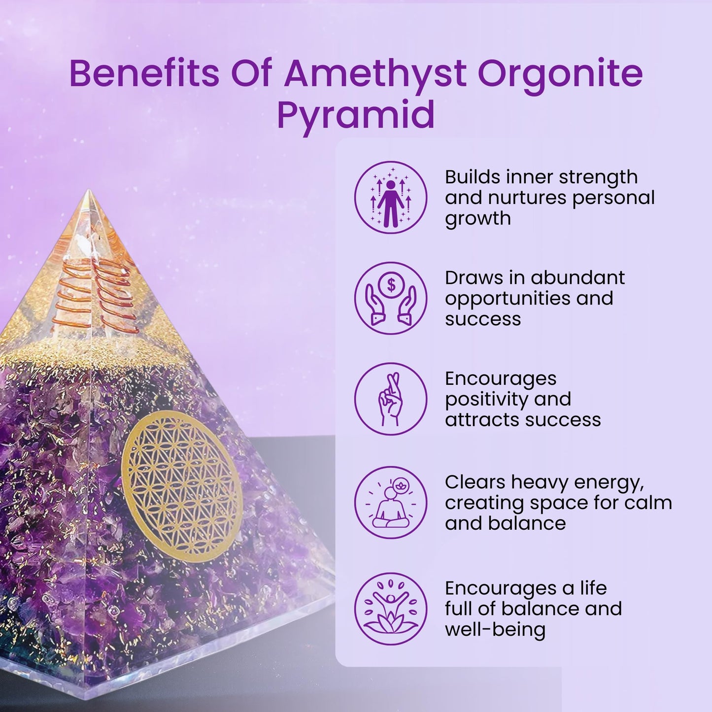 Orgone Pyramid of Success, Amethyst Orgonite Pyramid, Reiki Energy Generator for Healing, Meditation, and Positive Energy