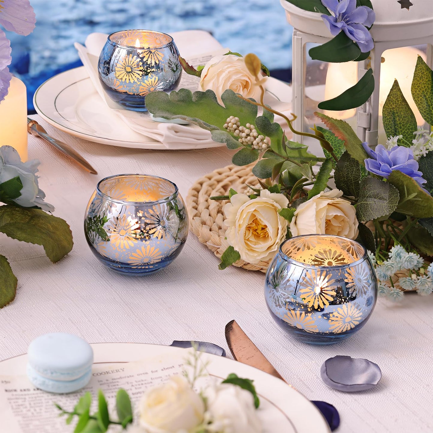 sunnyfuture Blue Mercury Glass Votive Candle Holders Set of 12, Round Tealight Candle Holders Bulk for Table Centerpieces, Weddings, Shower Gifts, Party Decorations