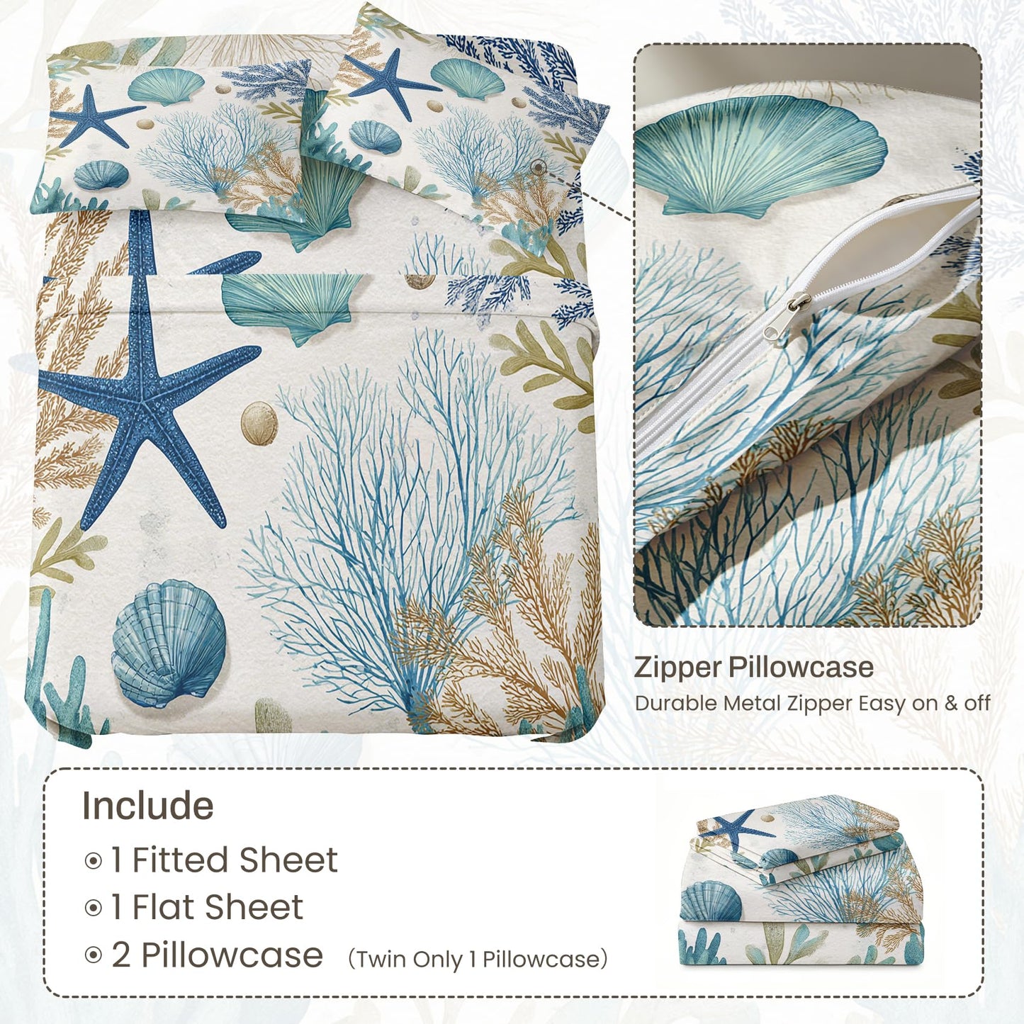 Seashell Coral Queen Sheet Set 4 Pcs Coastal Bed Sheets