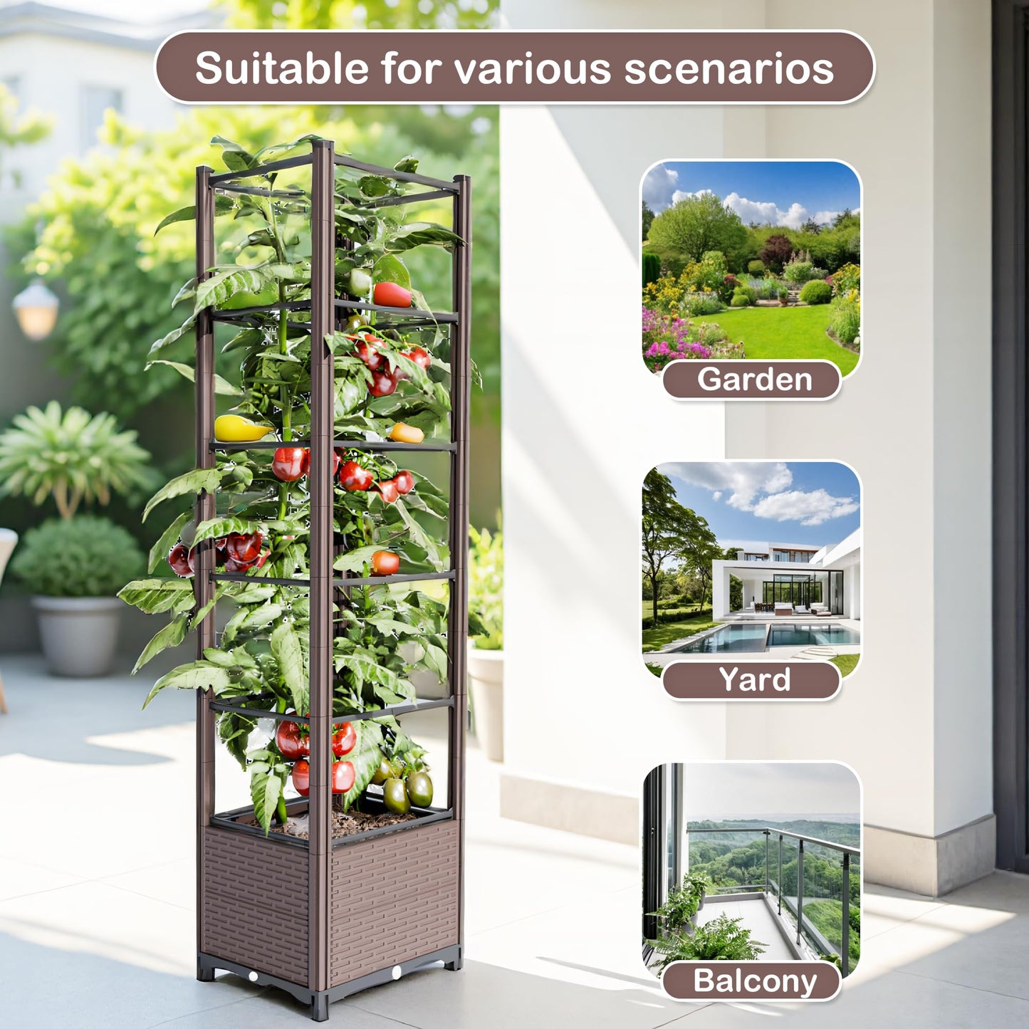 Raised Garden Bed with Trellis for Tomatoes, 10.5 Gal Planter Box Outdoor, 69.69" Tall Flower Planter with Tomato Cage, 15.7" Elevated Garden Bed for Vegetables, Climbing Plants & Flowers (Brown)