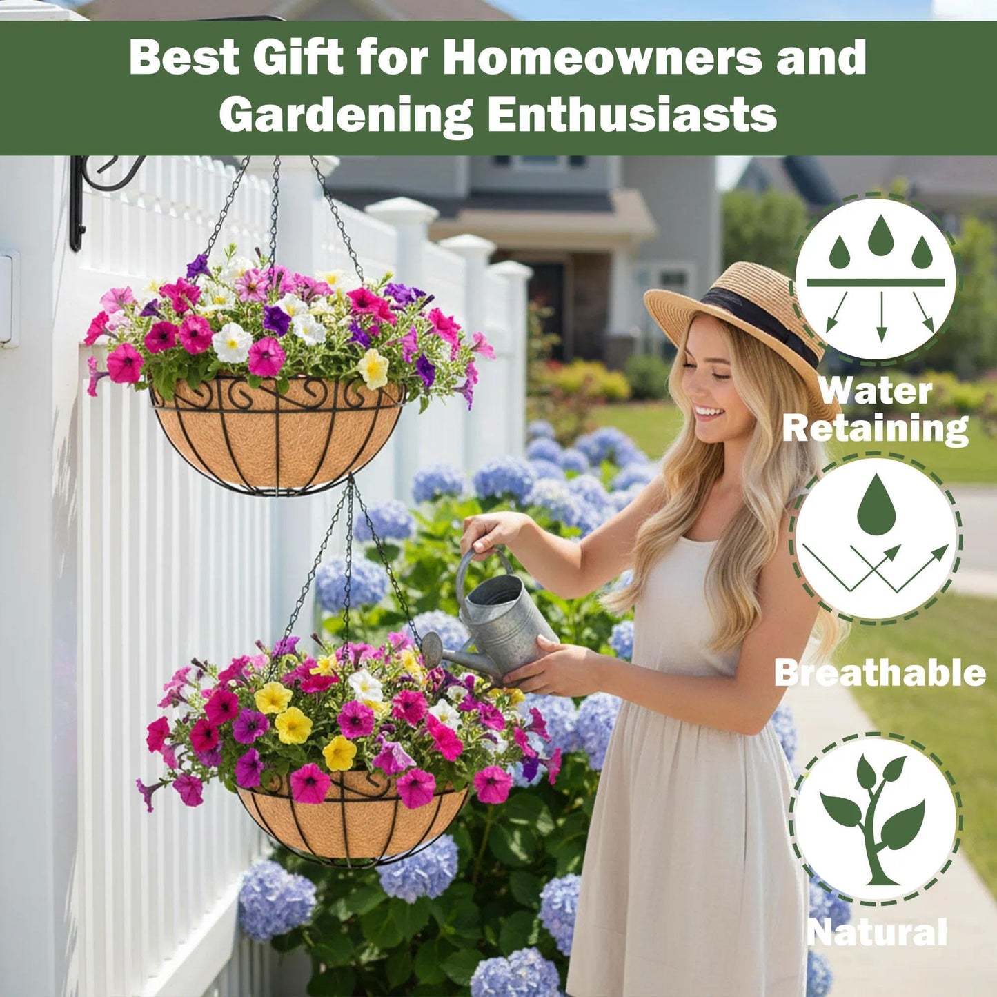 KIDYBELL 4 Pack 14 Inch Hanging Baskets for Plants Outdoor Metal Hanging Planter Basket with Coco Coir Liner Hanging Flower Pots Holder for Garden, Patio(Flower)