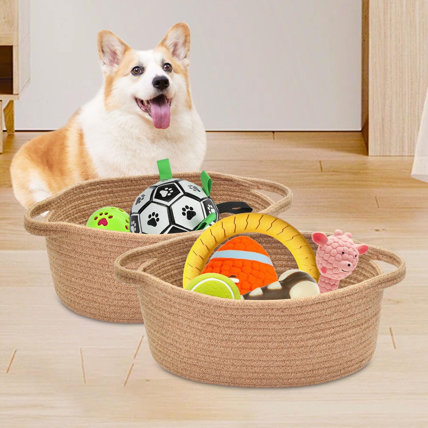 ABenkle Small Basket with Handles, Boho Decorative Rope Woven Dog Cat Toy Storage Bin Shelf Storage Organizer, Easter Christmas Gift Basket, 12"x8"x5"