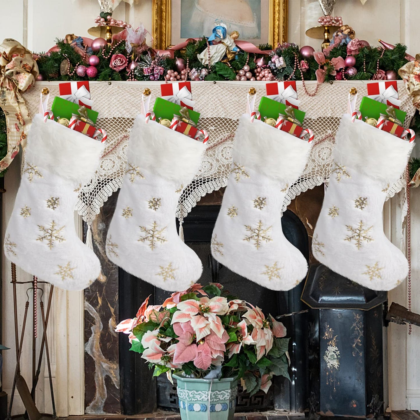 CCINEE 4PCS White Christmas Stockings,18 Inch Large Plush Faux Fur Xmas Stocking with Golden Snowflake Sequin Glitter Snowflake Hanging Stocking for Christmas Tree Wall Fireplace Home Decoration