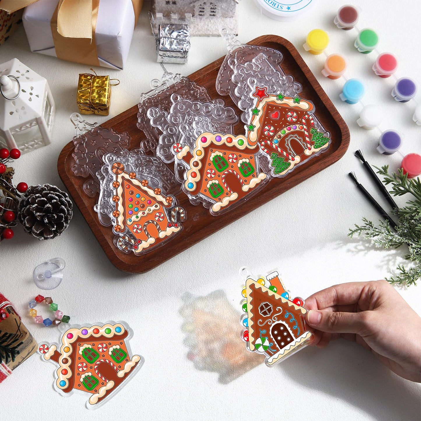 Beeveer 30 Sets Christmas Ornament Gingerbread House Suncatchers Window Art Kits, DIY Suncatchers Bulk Crafts Paint Your Own Window Ornaments for Boys Girls Classroom Party Birthday Activity Decor