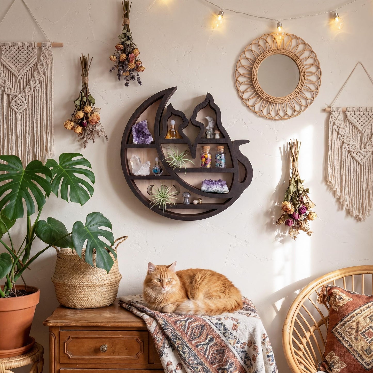 FNYDOX Crystal Display Shelf for Wall, Cats on the Moon Shelf, Crescent Moon Phase Cute Home Decor Wooden Rock Display Shelf Crystal Holder Stone Storage Aesthetic Hanging Floating Organizer