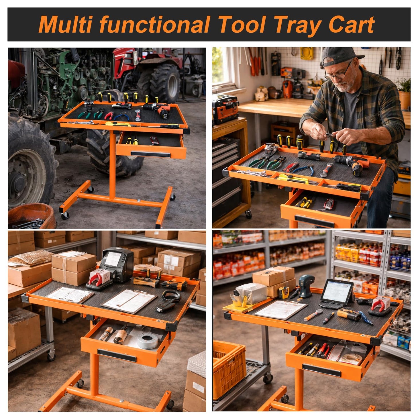 A A IN LT018 Heavy Duty Adjustable Work Table with Drawers, Rolling Tool Tray on Wheels of 220lbs Capacity, Mobile Service Tray for Mechanic
