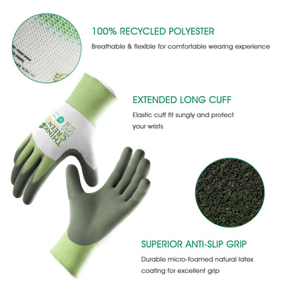 COOLJOB Gardening Gloves for Women and Men, 3 Pairs Recycled Polyester Garden Gloves with Rubber Coated, Green, White & Grey, Medium Size (3 Pairs M)