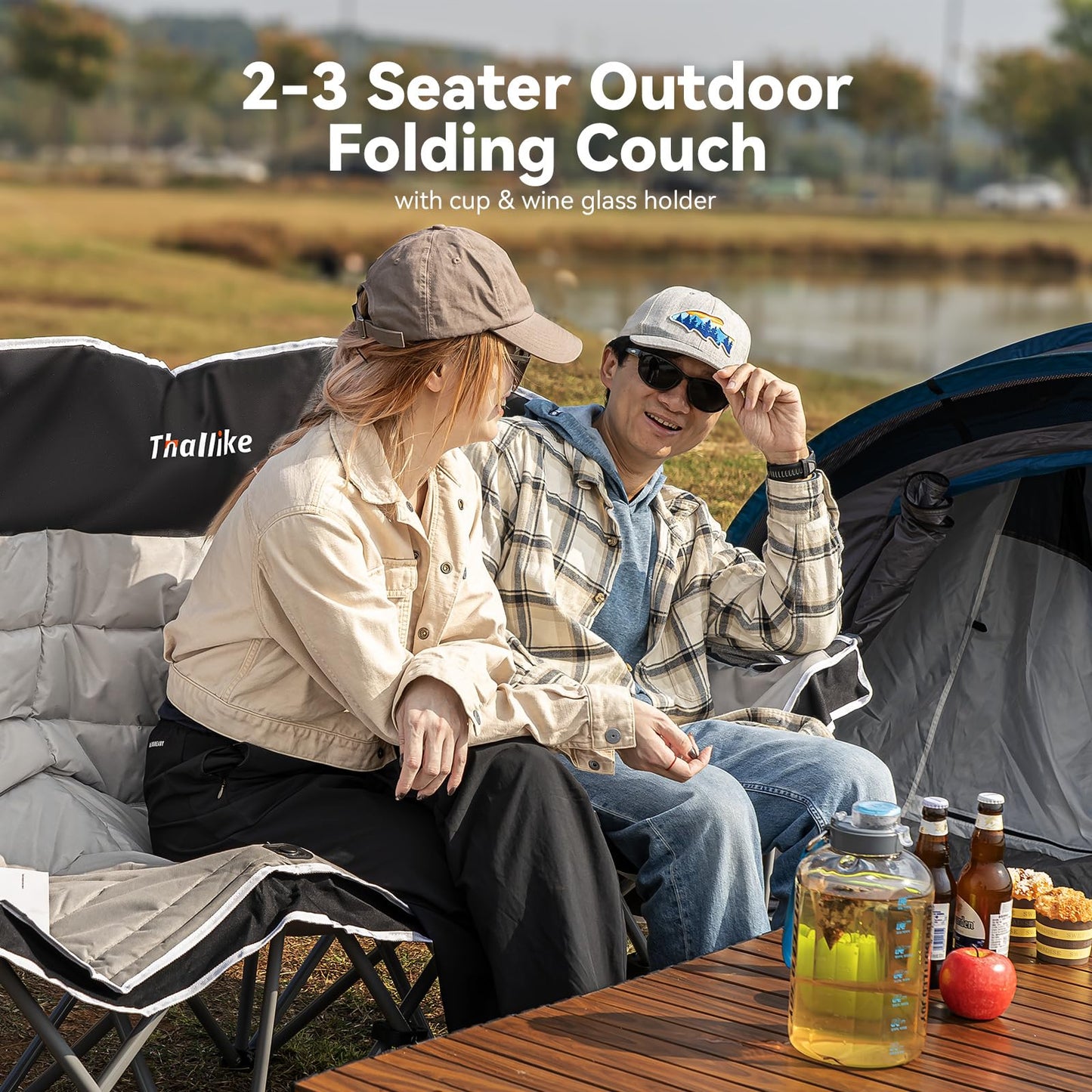 Thallike Double Camping Chair – 2-3 Person Outdoor Folding Sofa with Cup & Wine Glass Holders – Oversized Loveseat Camping Couch for Campfire, RV, Backyard – Supports Up to 1050 lbs