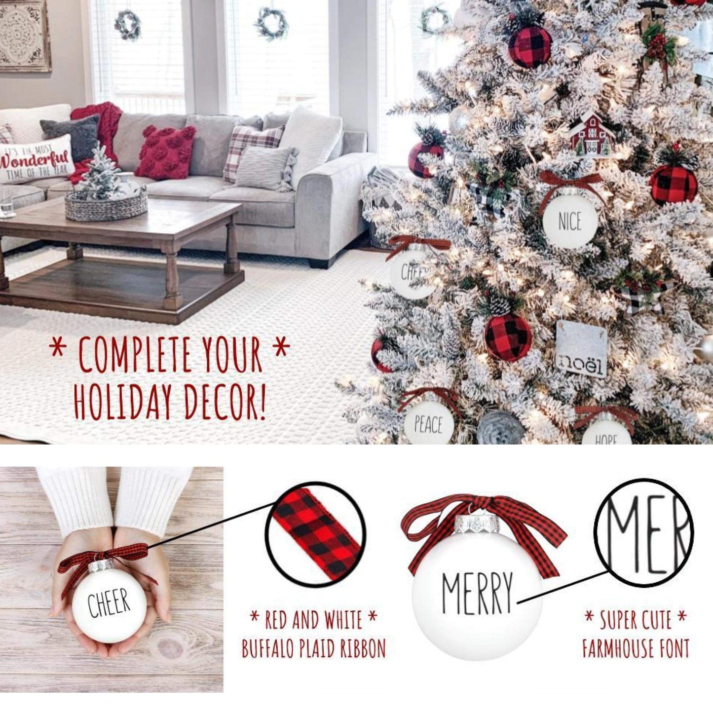 Buffalo Plaid Christmas Tree Ornaments - Set of 9 Shatterproof Bulbs - Farmhouse Word Ornaments - Compatible with Rae Dunn Rustic Decorations - Matte White Bulbs with Red & Black Buffalo Check Bows