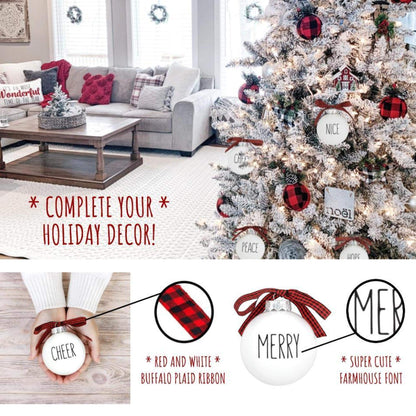 Buffalo Plaid Christmas Tree Ornaments - Set of 9 Shatterproof Bulbs - Farmhouse Word Ornaments - Compatible with Rae Dunn Rustic Decorations - Matte White Bulbs with Red & Black Buffalo Check Bows