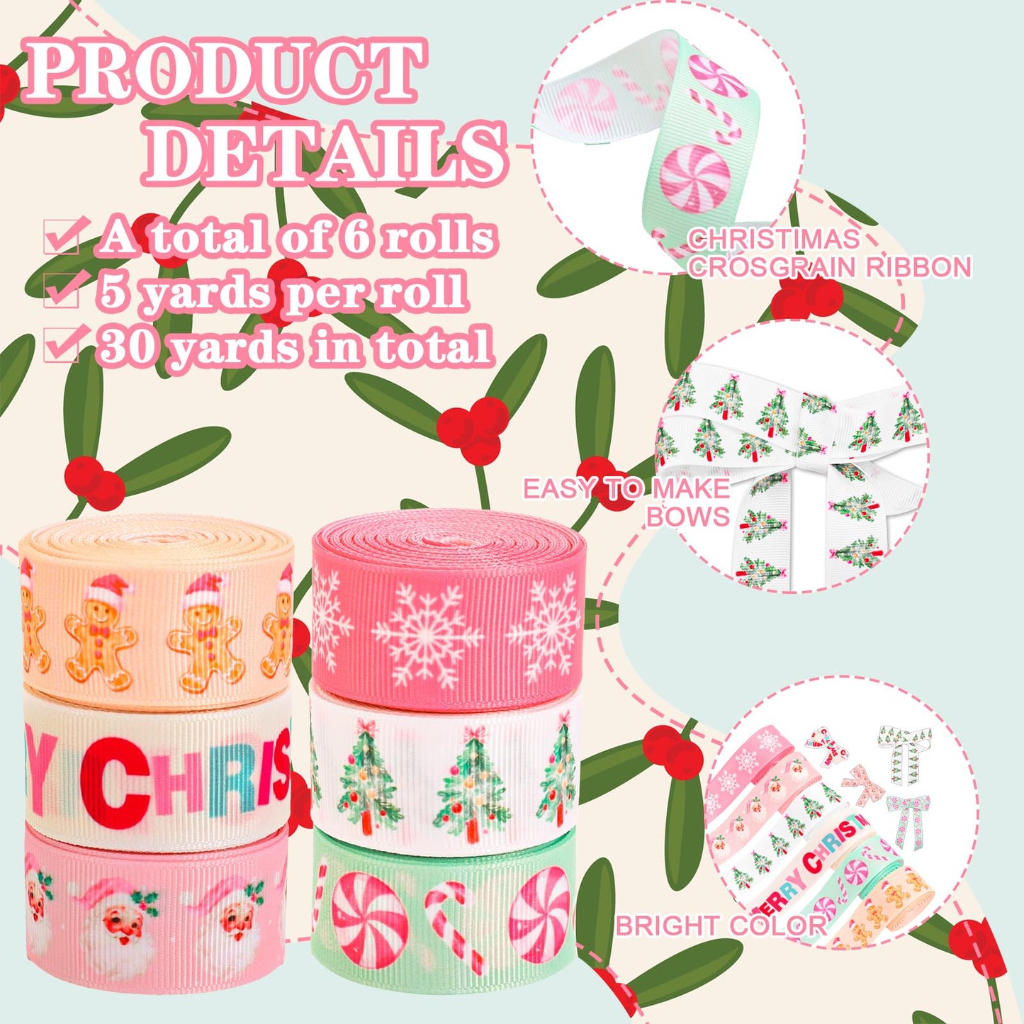 JarThenaAMCS 6 Rolls Christmas Grosgrain Ribbon 7/8" Pastel Pink Green Xmas Tree Candy Snowflake Santa Gingerbread Man Fabric Craft Ribbons for Bow Gift Wrap Holiday Birthday Party Decor, 30 Yards